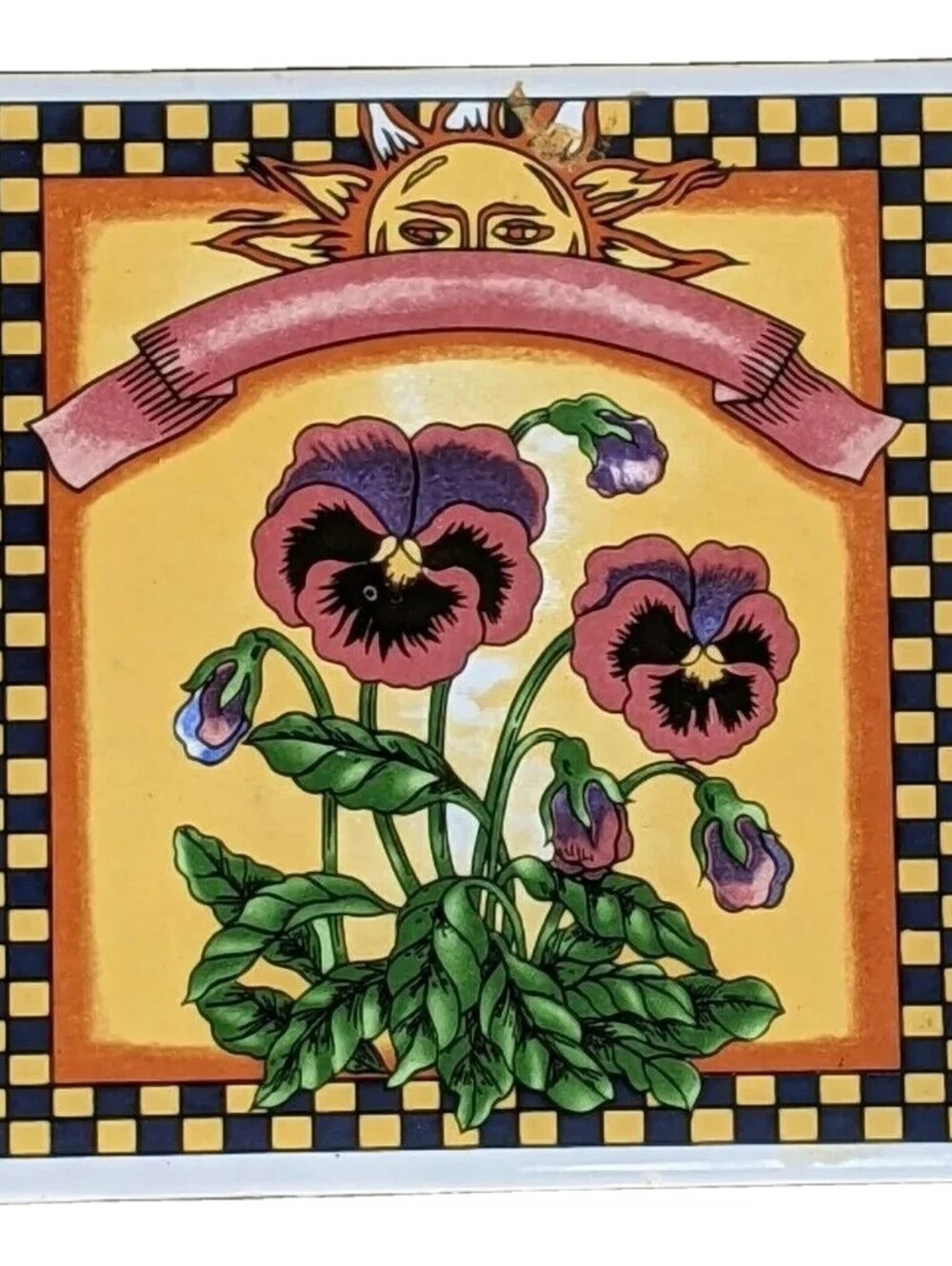 Ceramic tile floral pansy plaque or trivet in gold, red, green and navy, 6" sq.
